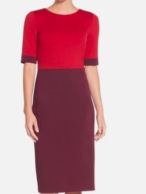 Maggy London Red Bodice Burgundy Midi Sheath Dress - Size 12